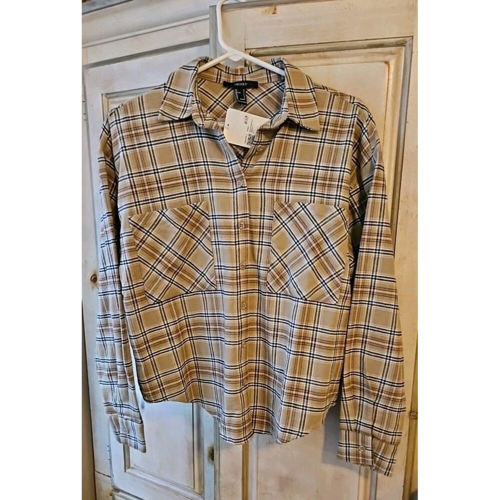 Forever 21 Plaid Taupe & Brown Button Down Shirt Sz S NWT